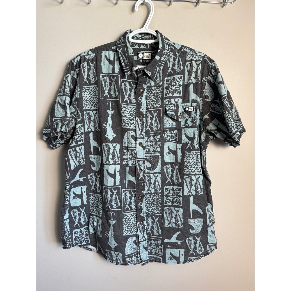 Salty Crew Mens Black Blue Fish Print Button Up L Beach Surf Fishing Casual